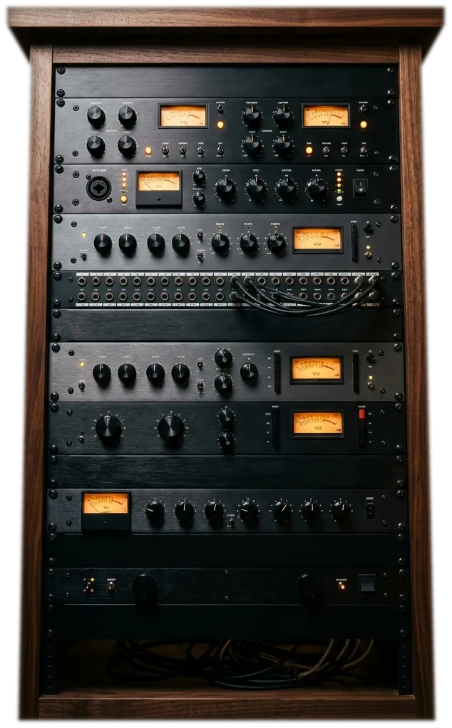 Producer-Rack aus Nussholz mit Rackblenden, auf denen das Equipment der OYES Studios steht
