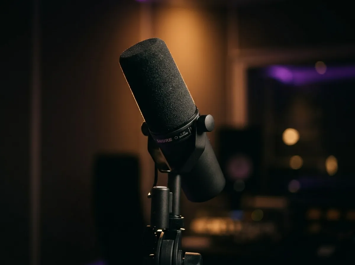 Shure SM7B im warmen Licht der OYES Studios für Podcast- und Sprachaufnahmen